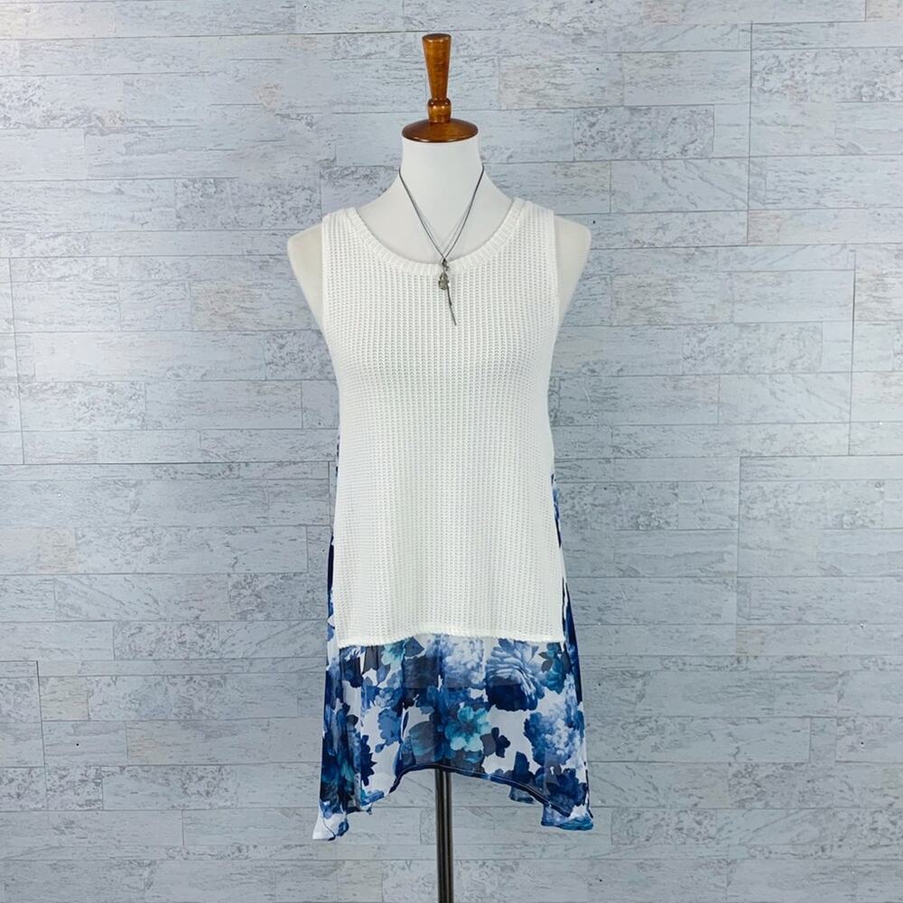 Knit floral silky tunic sleeveless blouse tank top flowy dressy summer white blu